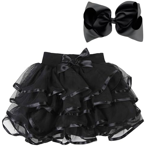 BGFKS 4 Layered Tulle Tutu Skirt for Girls with Matching Hairbow,Girl Ballet Tutu Skirt (Black, 7-10 Years)