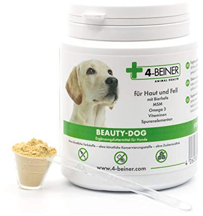 4-BEINER Beauty-Dog: Vitamine für Hunde mit Omega-3, Vitamin B Komplex, Vitamin C, Biotin, Bierhefe Hund, Schwarzkümmelöl, Zink, Jod, Selen für Haut & Fell, zur allgemeinen Stärkung, Pulver 80g