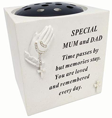 David Fischhoff Mum and DadPraying Hands Rose Bowl with Diamante Decoration Grave Memorial for Mum and Dad, Weatherproof - for Graveside Flower Arrangements, 14 X 15 Cm