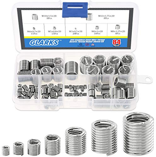 Glarks 84Pcs 304 Stainless Steel Wire Thread Inserts Thread Repair Sleeve Kit, Metric M3 M4 M5 M6 M8 M10 M12 Steel Sheath Coiled Wire Helicoil Type Screw Repair Insert Assortment Kit