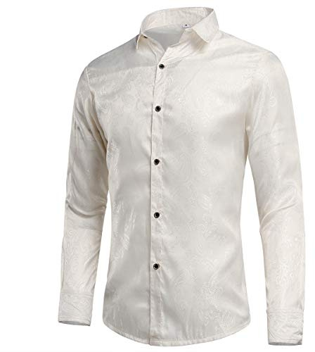 Allthemen Paisley herrskjorta Jacquard långärmad skjorta, Vitt, L