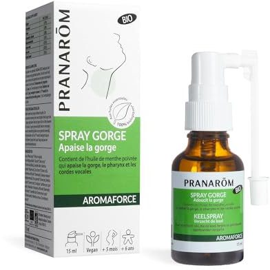 PRANARÔM - Aromaforce - Spray Gorge Action 3 En 1 - Aux Huiles Essentielles - Menthe Poivrée - Aide au soulagement de La Gorge - Vegan - 15 ml