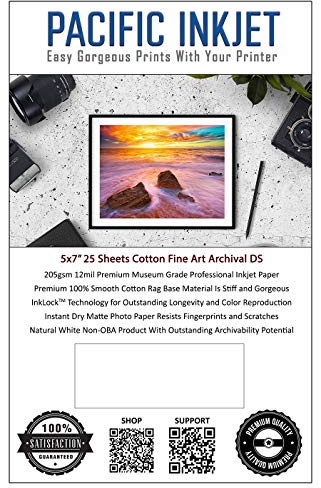 5x7 25 Sheets 12mil 205gsm 100% Cotton Fine Art Natural Matte Double Sided Inkjet Paper - Professional Archival Grade Paper for Inkjet Photo Printers - OBA Free Printer Paper for Photography and Art