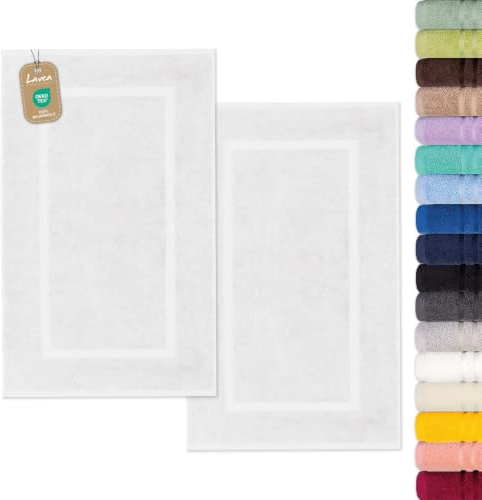 Lavea® 2er Set Badematte 50x80 cm – Badezimmerteppich 100% Baumwolle, 800 g/m², saugstark, waschbarer Badteppich, Badvorleger für Badezimmer, Dusche, WC – Frottierserie Elena - Weiß