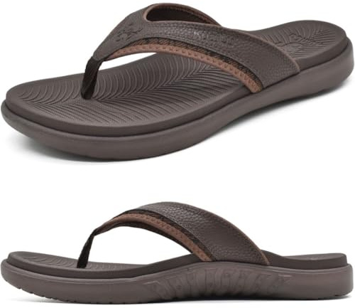 KuaiLu Mens Leather Flip Flops Orthotic Thong Sandals With Arch Support