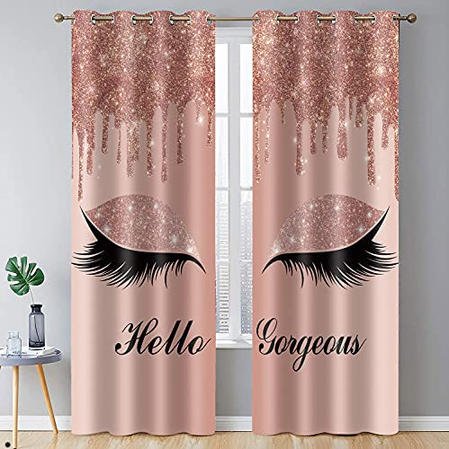 BSPPTI Hello Gorgeous Curtains Unicorn Eyelash Curtain Rose Gold Drips (No Glitter No Sequin) Room Darkening Thermal Insulated Blackout Window Drapes for Bedroom Decor, 42x 84, 2 Panels