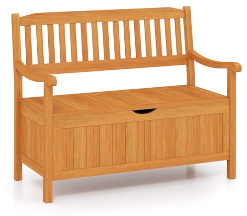 COSTWAY Banc de Jardin 2 Places en Bois d'Acacia avec Rangement 125 L | Banc Exterieur Jardin avec Dossier et Accoudoirs, Doublure Imperméable Amovible, Charge 360 KG, 107 x 59 x 90 CM