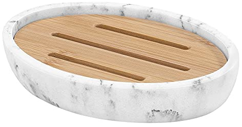 Luxspire Seifenschale mit Bambushalter, Glänzend und Elegant Ovaler Seifenhalter aus Harz, Schnell Trocknend Seifenbox Seifenablage Gehäuse für Küche, Bad, Dusche - Kies Weiß | Seifenhalter aus Kunstharz, Design mit Holzoptik und Abfluss, hält die Seife trocken, für Dusche, Badezimmer und Spülbecken