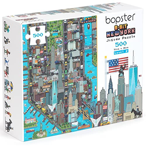 bopster 8-Bit New York Jigsaw Puzzle – 500 Piece Level 2 Family Challenge | Retro Pixel Art Design | Eco-Friendly Cardboard