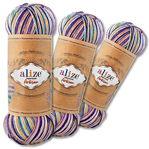 Wohnkult Alize Superwash Artisan - Gomitolo di lana per calze, 3 x 100 g, 16 colori a contrasto per lavorare a maglia (9003)