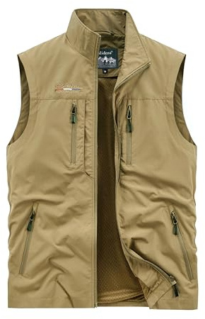 Oralidera Chaleco de Secado Rápido para Hombre Chaleco de Pesca Transpirable con Bolsillo Múltiple Chalecos Sin Mangas Chaqueta para Pesca Fotografía Caza Viajes, Caqui, L