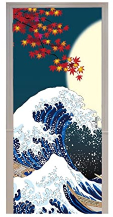A.Monamour Adesivo Porta Autoadesiva 3D Grande Onda In Stile Giapponese E Luna Piena Vinile PVC Adesivi per Porte Interne Pellicola Adesiva Poster Sticker Murale Parete Carta da Parati