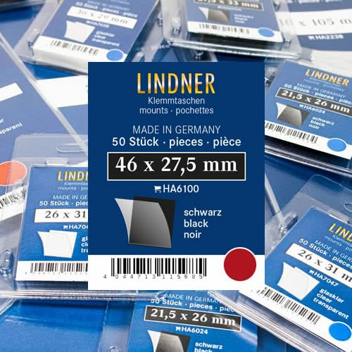 Lindner Klemmtaschen-Zuschnitte, 50 Stück, in 2 Farben und 59 Verschiedene Größen für die gebräuchlichsten Briefmarkenformate zur Auswahl (46 x 27,5 mm *, Schwarz)