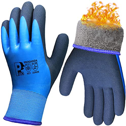 PROGANDA Waterproof Thermal Winter Work Gloves Superior Grip Latex Coating Fleece Liner Insulated Warm for Cold Weather Gardening Outdoor Car Washing Fishing Multipurpose