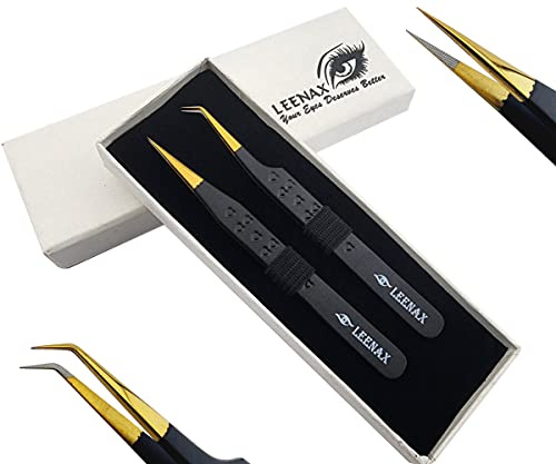 Leenax 2 delar fiberspets (halkfri) ögonfransförlängningspincett, rak och 45 graders volympincett, japanskt rostfritt stål, hjärtdesign (svart)