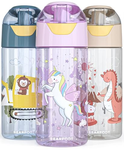 BEARFOOT Trinkflasche Kinder 450ml, leichte Tritan Wasserflasche, BPA frei, auslaufsicher, Kohlensäure geeignet, spülmaschinenfest für Jungen, Mädchen, Kindergarten - (Lila - Einhorn)