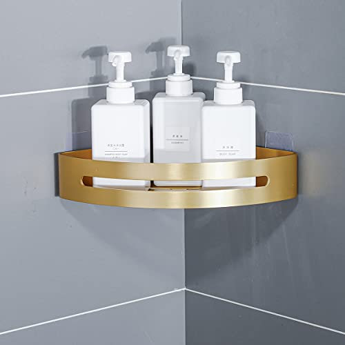 Estante de esquina de baño dorado cepillado, organizador de ducha, soporte triangular para champú adhesivo o perforación