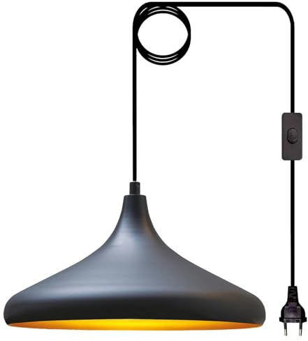 bamyum Champion Hängelampe Schwarz Weiß mit EU Stecker 35 cm, Pendelleuchte, Hängeleuchte Metall mit 450cm Kabel Schalter, Steckdosenlampe, Küchenlampe
