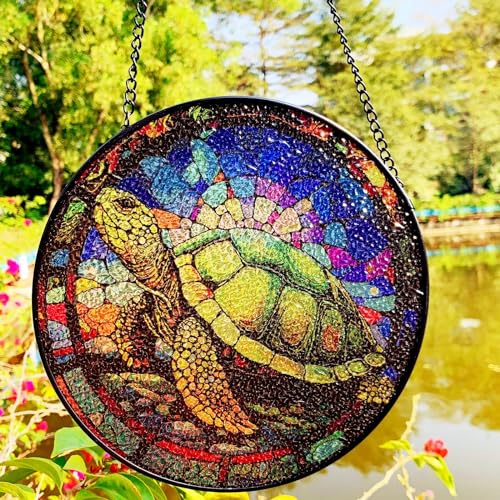 Buntglas-Sonnenfänger, 20,3 cm, Meeresschildkröte, handbemalter Sonnenfänger für Fenster, Buntglasfenster, zum Aufhängen, Geburtstagsgeschenk für Mutter, Gedenkgeschenk, Sonnenfänger, Zuhause, Garten,