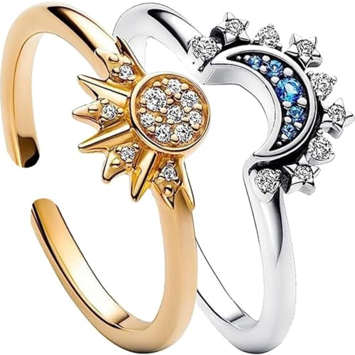 VJUYSW 2 Stück Ring Set Sonne Mond Ring Verstellbar,Himmlische Sonne Ring Gold und Mond Ring Silber Matching Rings,Freundschaftsringe Gold Ringe, Geschenke für Frauen