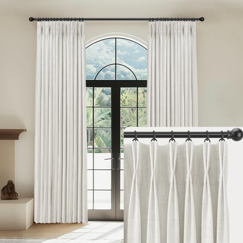 CAPALOCA Cortinas plisadas de lino opacas, 100 % opacas, 2 paneles con ganchos, cortinas plisadas con aislamiento térmico para dormitorio, 101.6 cm de ancho x 243.8 cm de largo, blanco natural