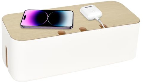 Large Wooden Lid Cable Organizer Box - Tidy Cord Hider & Management Accessories for Desks, Home, Office (White)