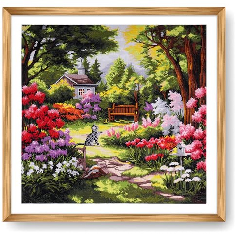 Trimits Kit per punto croce grande, ricamo contato, per adulti, principianti, bambini, regali di Natale, decorazione da parete (cornice non inclusa), 14 pezzi, giardino