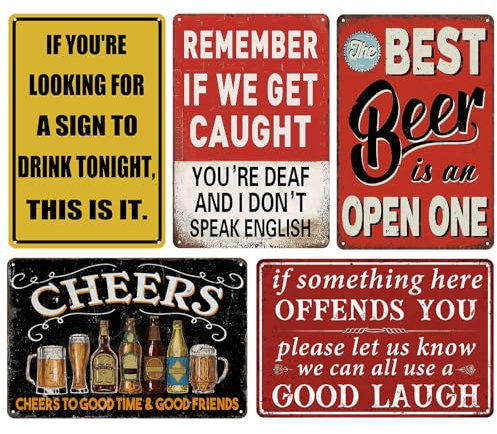 Funny Vintage Metal Tin Bar Signs, Man Cave Accessories For Home Pub Or Outdoor Garden Plaque Tiki Bar Decor 20 x 30 cm（5pcs）