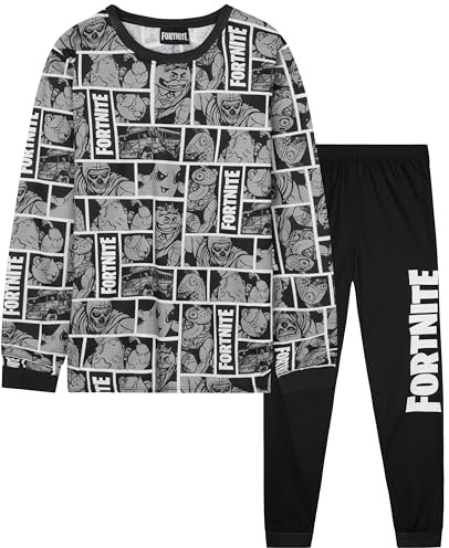Get Trend Långärmad pyjamas för pojkar och tonåringar, 2-delad pyjamas för natten, avkoppling eller hem, spelarpresent, Fortnite grå, 13-14 ans