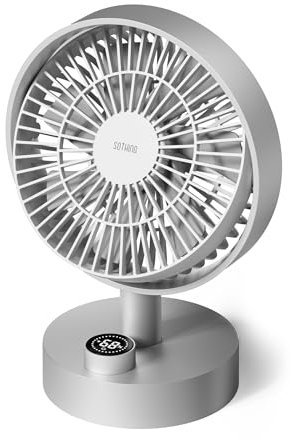 SOTHING Desk Fan, 18dB Ultra-Quiet, 6.6-inch Small Fan with 10-Speed, 160° Oscillating, 7hrs Battery Life, USB-C Rechargeable, Digital Display, Small Desk Fan for Bedroom, Dorm, Office - Silver
