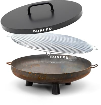 BonFeu BonBowl eldskål – eldskålar för trädgården – eldstad utomhus – eldskål med opt. Grillgaller av högkvalitativt cortenstål – eldkorg för trädgården (set 100 cm)