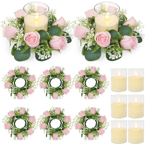 Acmee Pink Rose Candle Rings with Flameless Candles Sets - 12PCS Artificial Flower Eucalyptus Wedding Centerpiece 3 Inch Pillar Candleholders Wreaths for Wedding Party Decor (Pink - 6 Sets)