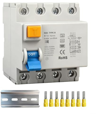 Treibo FI Schutzschalter 40A 30mA 4 Polig, Fi Typ B, RCD Schutzschalter | Fehlerstromschutzschalter, DIN Hutschiene Fi Schalter 3P+N