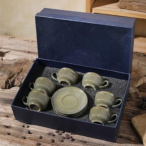 Erkundpresso. Set di 6 Tazze da Espresso 100ml con Piattini, Tazzine da caffè, Ceramica Effetto Forno Pareti Spesse Isolanti, Antiscivolo, Lavastoviglie & Microonde, Confezione Regalo - Verde