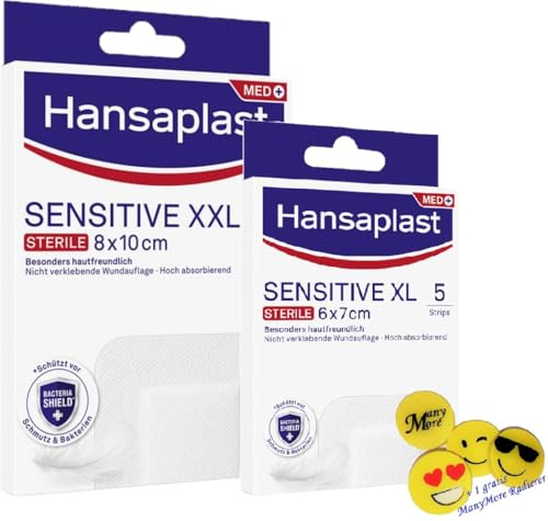 ▓ SENSITIV-Set ▓ Hansa plast Sensitive XXL + Hansa plast Sensitive XL ▓ je 5 Wundpflaster in 8 x 10 cm & 6 x 7 cm - Pflaster mit gutem Halt, aber sanft wieder zu entfernen +gratis ManyMore Radierer
