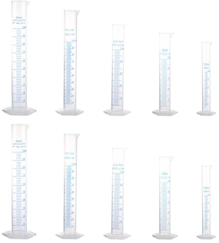 GBACHOOSE 10 Pcs Plastic Graduated Cylinder, 10ml 25ml 50ml 100ml 250ml Transparent Measuring Cylinder Lab Test Tube Flask, Measuring Lines Graduated Cylinder Beaker for Science Lab Project