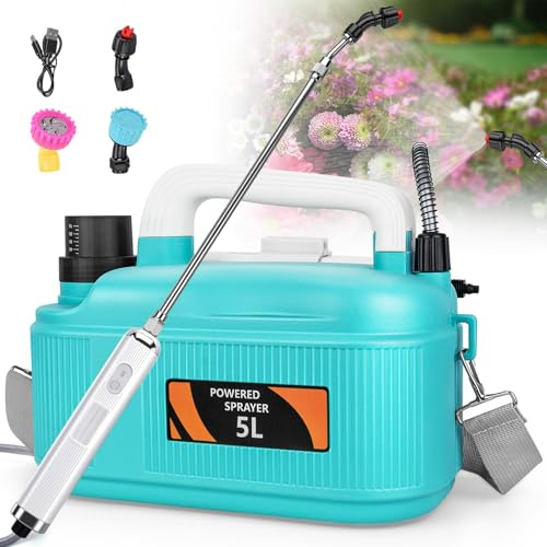 Pulverizador de jardín alimentado por batería de 5 L, pulverizador | Mango recargable por USB, varita retráctil y correa de hombro ajustable para césped y jardín