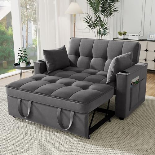 Laxnb 2 Sitzer Sofa mit Schlaffunktion, Klappbares Schlafsofa, Doppelsofa Kleine Couch Sofa, Polstersofa mit verstellbare Rückenlehne & Getränkehalter, Multifunktionssofa für Wohnzimmer, Velvet Grau