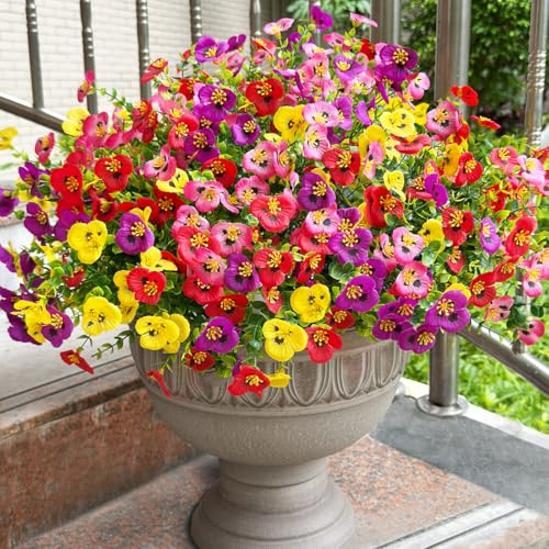 Artificial Flowers for Outdoors UV Resistant, 12 Bundles Faux Pansy for Hanging Basket Realistic, Fake Plants Silk Bulk for Indoor Home Décor Cemetery - Mixed Yellow HotPink Purple Red