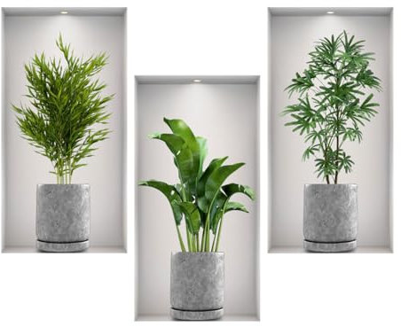 Auriselle 3 pezzi 23 * 45CM Adesivi murali Piante in vaso verdi Fiori Vasi - Decorazione murale autoadesiva 3D Piante verdi e foglie - Quadro moderno per soggiorno, ufficio, hotel, cucina