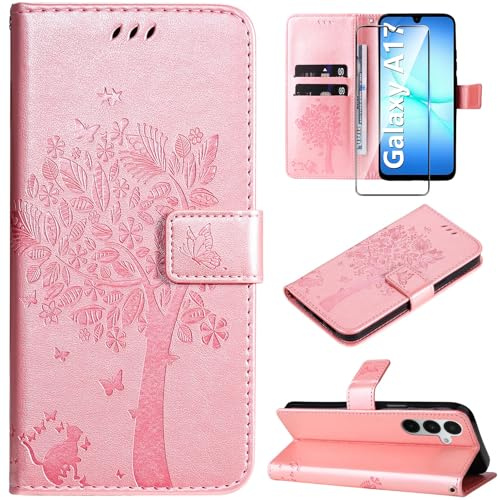 Hancda Case for Samsung Galaxy A17 5G / A17 4G Phone Cover,Rose Gold | Wallet with Tempered Glass Screen Protector,Card Holder Slot,Flip PU Leather Magnetic Closure,Shockproof Flowers Design Shell
