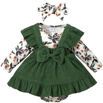 HEOXIN Bambina Neonato Tuta Body Vestiti Completi Abbigliamento Autunno, Manica Lunga Fiore Bodysuit Top con Corduroy Salopette Gonna Fiocco + Fascia 3 Pezzi Set, per Neonati 18-24 Mesi, Verde