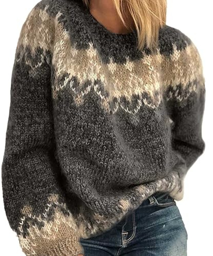 Suéter Mujer Noruego Invierno Caliente Chic Suéter Over Punto Cuello Redondo Manga Larga Sudadera Tops Patrón Jacquard Túnica Tamaño Grande Barato Casual Ropa Mujer Otoño-Invierno