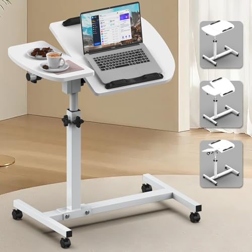 Ferghana Laptoptisch Adjustierbarer Beistelltisch mit Rollen – Höhenverstellbarer Nachttisch, Kippbarer Schreibtisch für Laptop, Home-Office & Pflege (Weiß)
