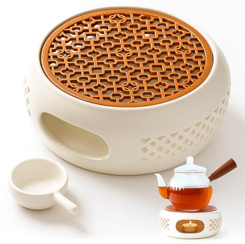 Stövchen für Teekanne Keramik: 1 Stück Porzellan Teewärmer mit Teelichthalter und Herdmatte 15cm Durchmesser Hohlschnitt Design Teekannenwärmer für Wärmeerhaltung von Tee Milch Kaffee