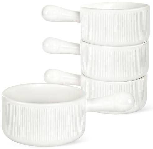 Vumdua French Onion Soup Bowls with Handles, 16 oz Ceramic French Onion Soup Crocks Oven Microwave Dishwasher Safe for Chili, Stew, Cereal, Set of 4, Wax White