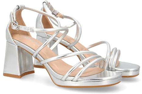 shoes&blues.es 95318 Sandalia de Tacon con Diseno de Tiras Finas y Talon Cerrado. Comodos con Plataforma, Ideal para Ocasiones Especiales. Plata Talla 36