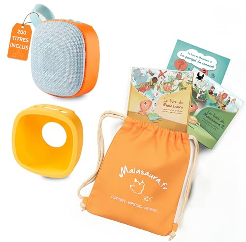 MAIASAURA - Coffret Cadeau Boite à Histoires et Musique pour Enfant | 200 Titres pour 10 Heures de Contenu, 3 Livres, 1 Coque, 1 Sac de Transport, Enregistrez votre Voix et vos Contenus MP3