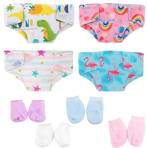 4 Puppenwindeln, 4 Paar Socken, Puppenzubehör für 45 cm Babypuppen, Baby Born Zubehör, Rollenspiel für Kinder ab 2 Jahren, Geschenkset in Weiß, Blau, Rosa, Lila