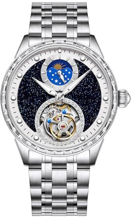 JDLERMY Reloj de pulsera mecánico automático con diseño de esqueleto y diamantes de imitación de Tourbillon para hombre, cristal de zafiro, doble cara, hueco, impermeable, luminoso de acero o cuero